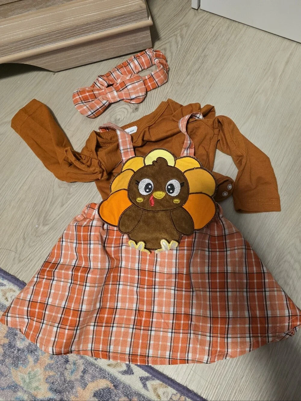 Kids Orange Plaid Turkey Dress Costume with Headband
